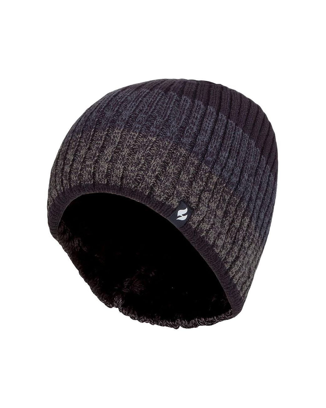 Heat Holders Blue Fleece Lined Striped Insulated Thermal Beanie Hat For Winter for men