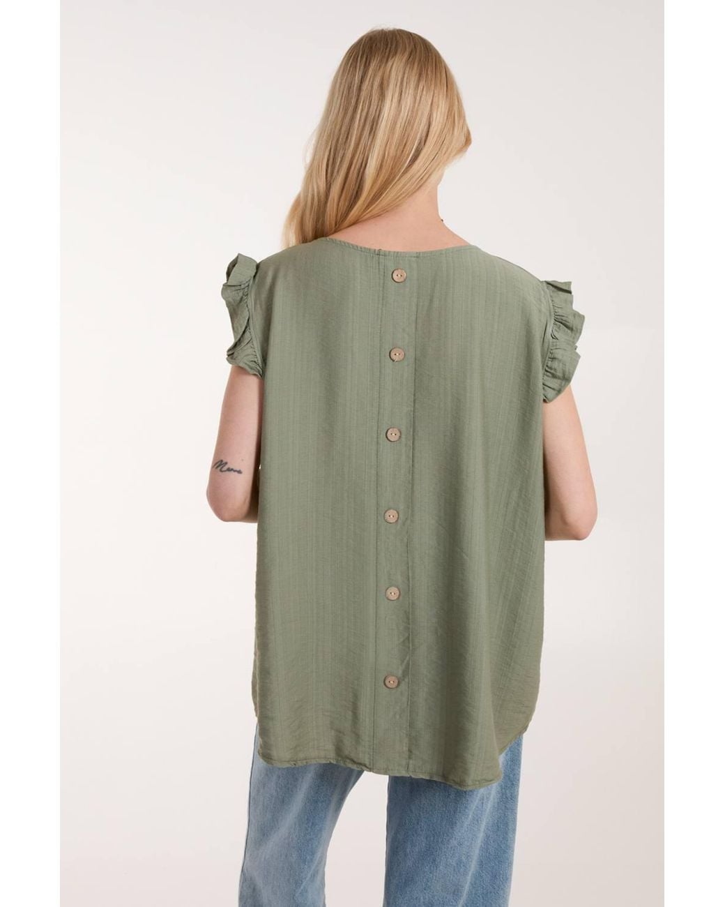 Blue Vanilla Green Button Back Frill Shoulder Top