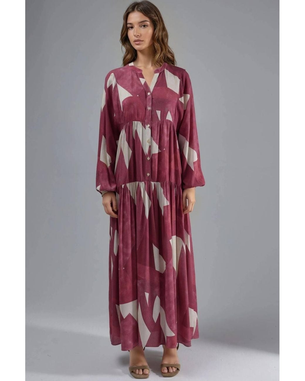 Hiccup Red Printed Long Sleeve Viscose Maxi Dress