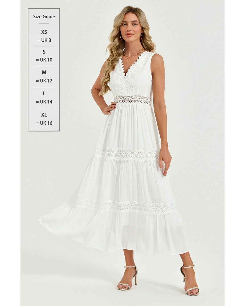 FS Collection White Lace Trim V-Neck Tiered Sleeveless Midi Dress