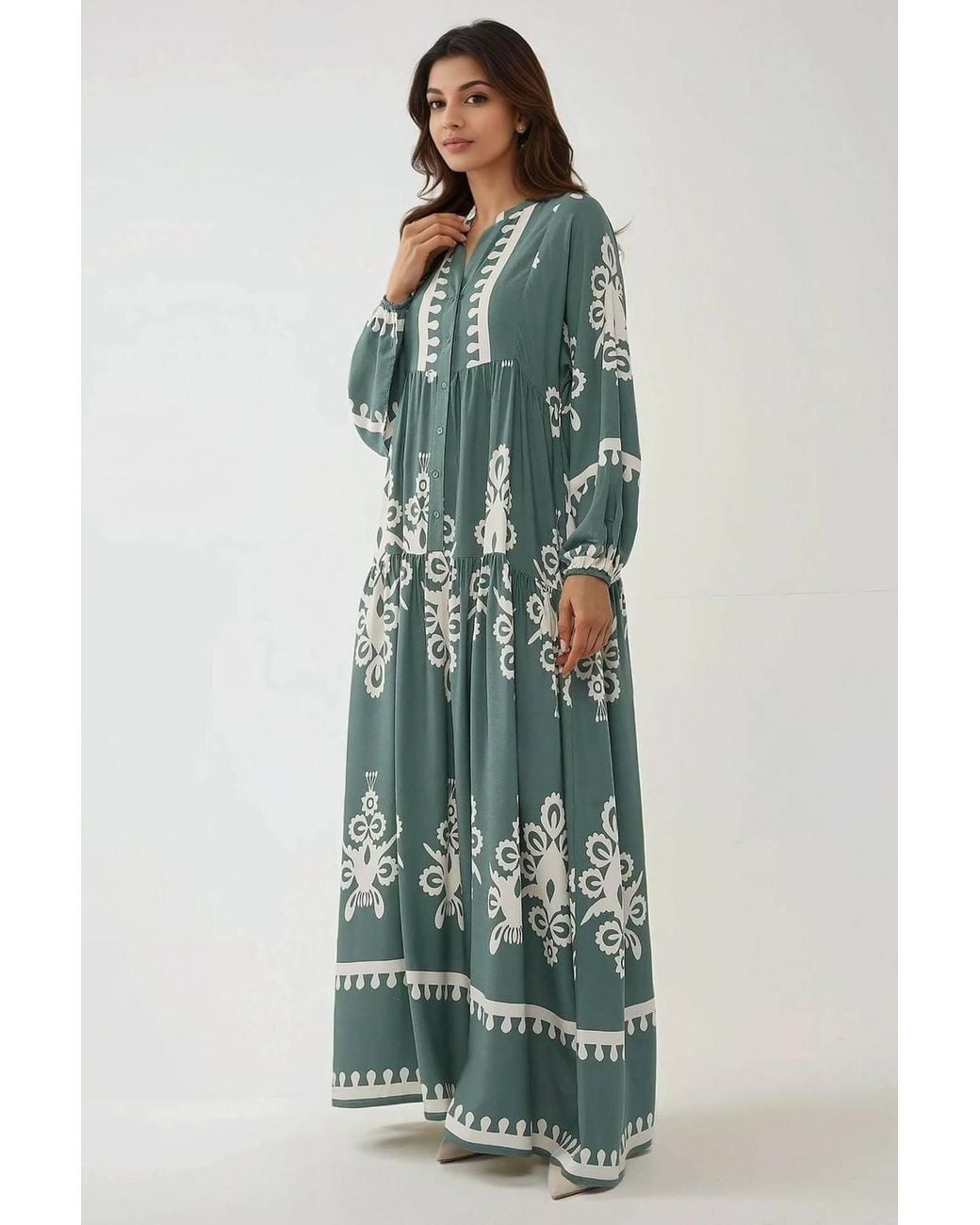 Hiccup Green Printed Long Sleeve Viscose Maxi Dress