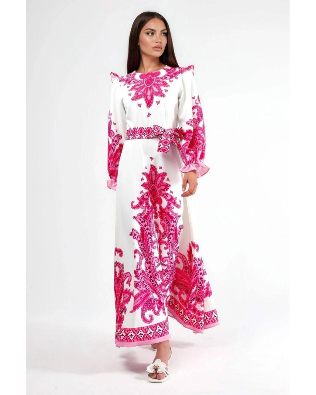 Msn-Collection Pink Paisley Print Maxi Dress With Tie Detail