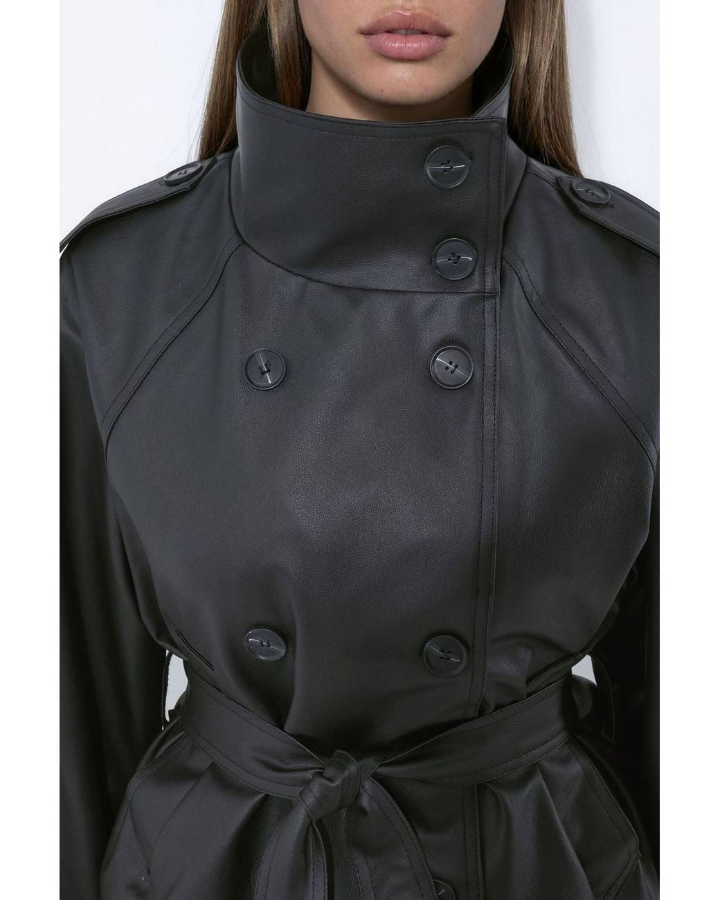Hiccup Black Short Faux Leather Trench Coat