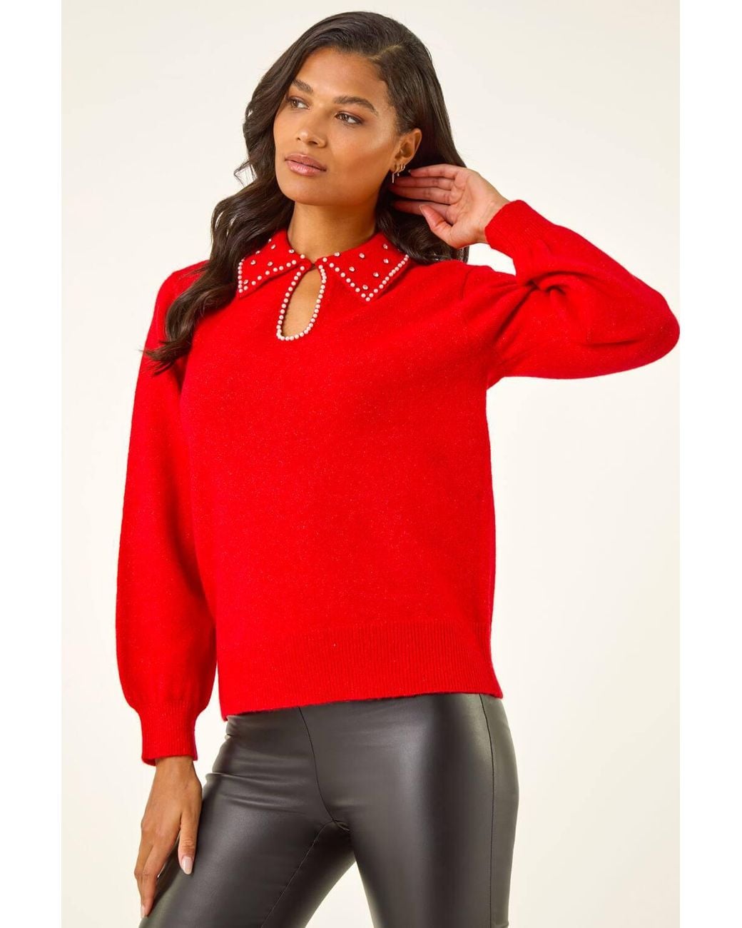 Roman Faux Pearl Collared Keyhole Knit Jumper