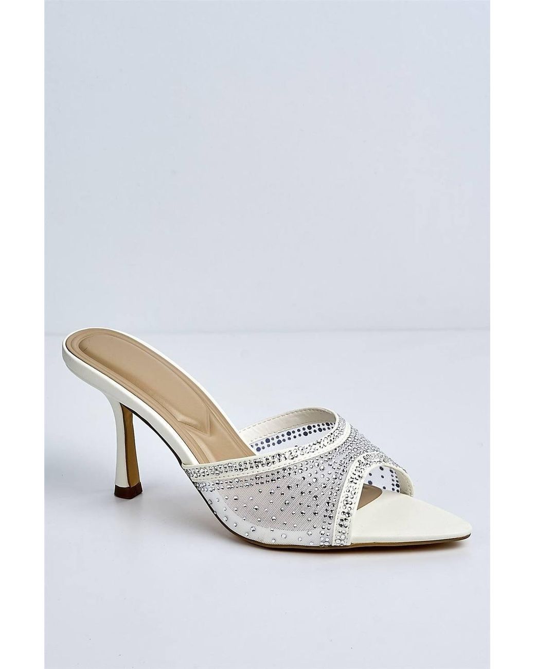 Miss Diva White Ginevra Diamante Mesh Band Heeled Mules
