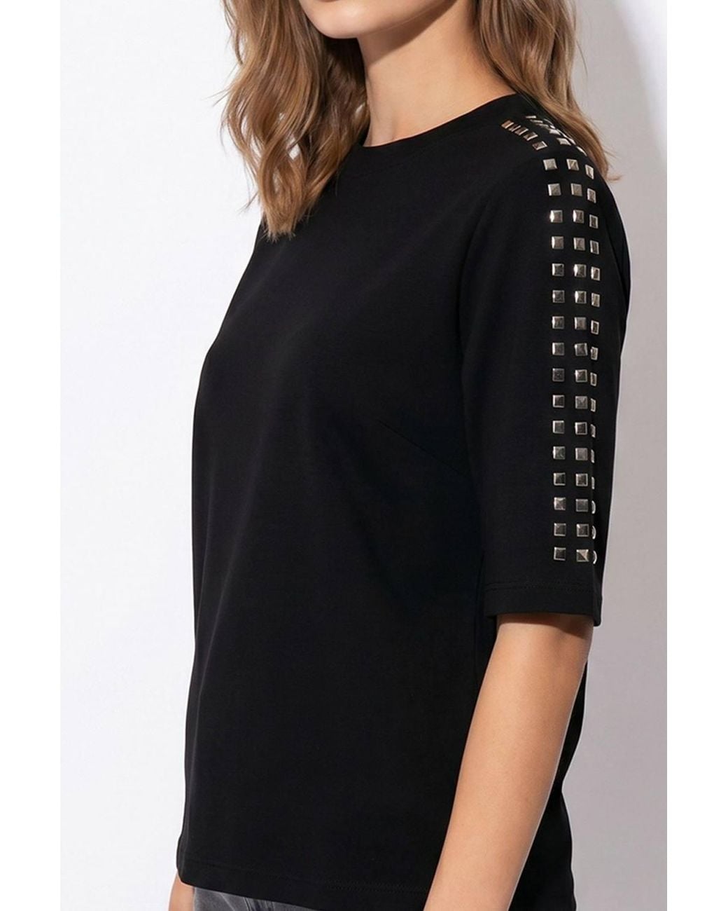 MixRay Black Crew Neck Stone Blouse