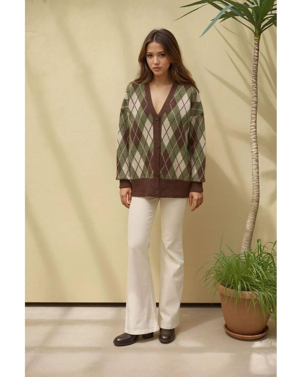 Hiccup Natural Long V-Neck Geometric Knitwear Cardigan With Buttons