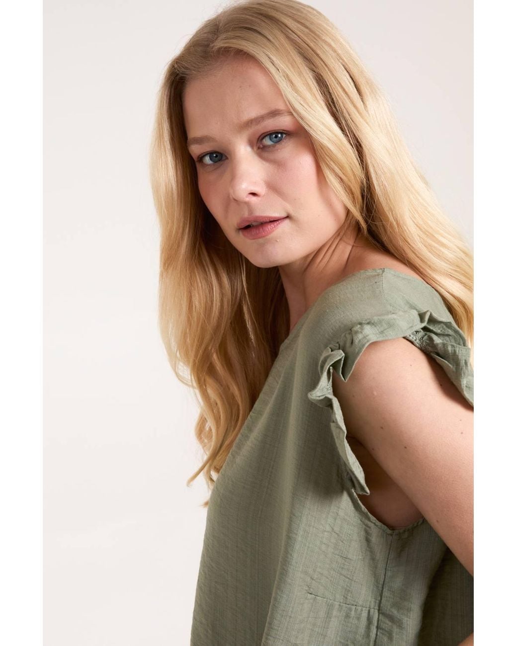 Blue Vanilla Green Button Back Frill Shoulder Top