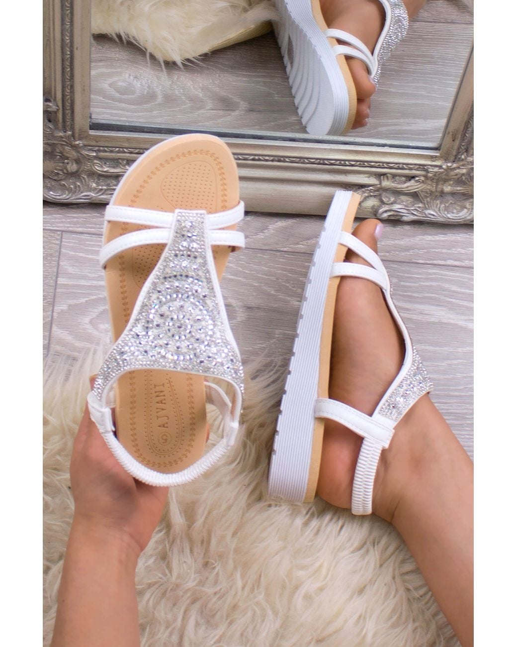 AJVANI Blue Flat Heel Flatform Diamante T-Bar Slingback Comfort Sandals