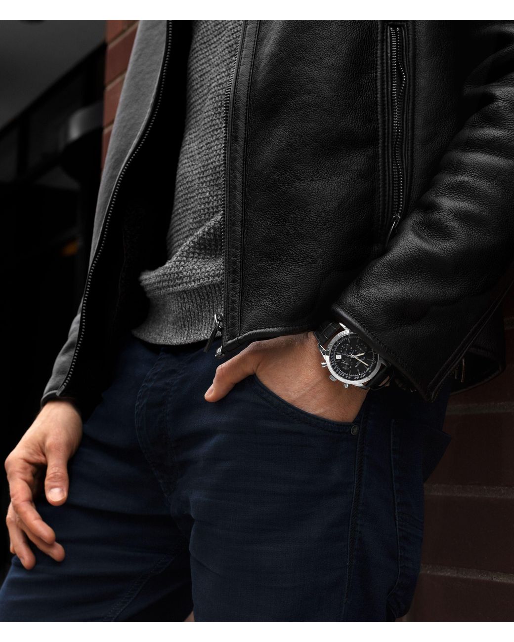 Stuhrling Black Rialto Chronograph Watch Quartz With Tachymeter 44Mm Case Leather Band for men