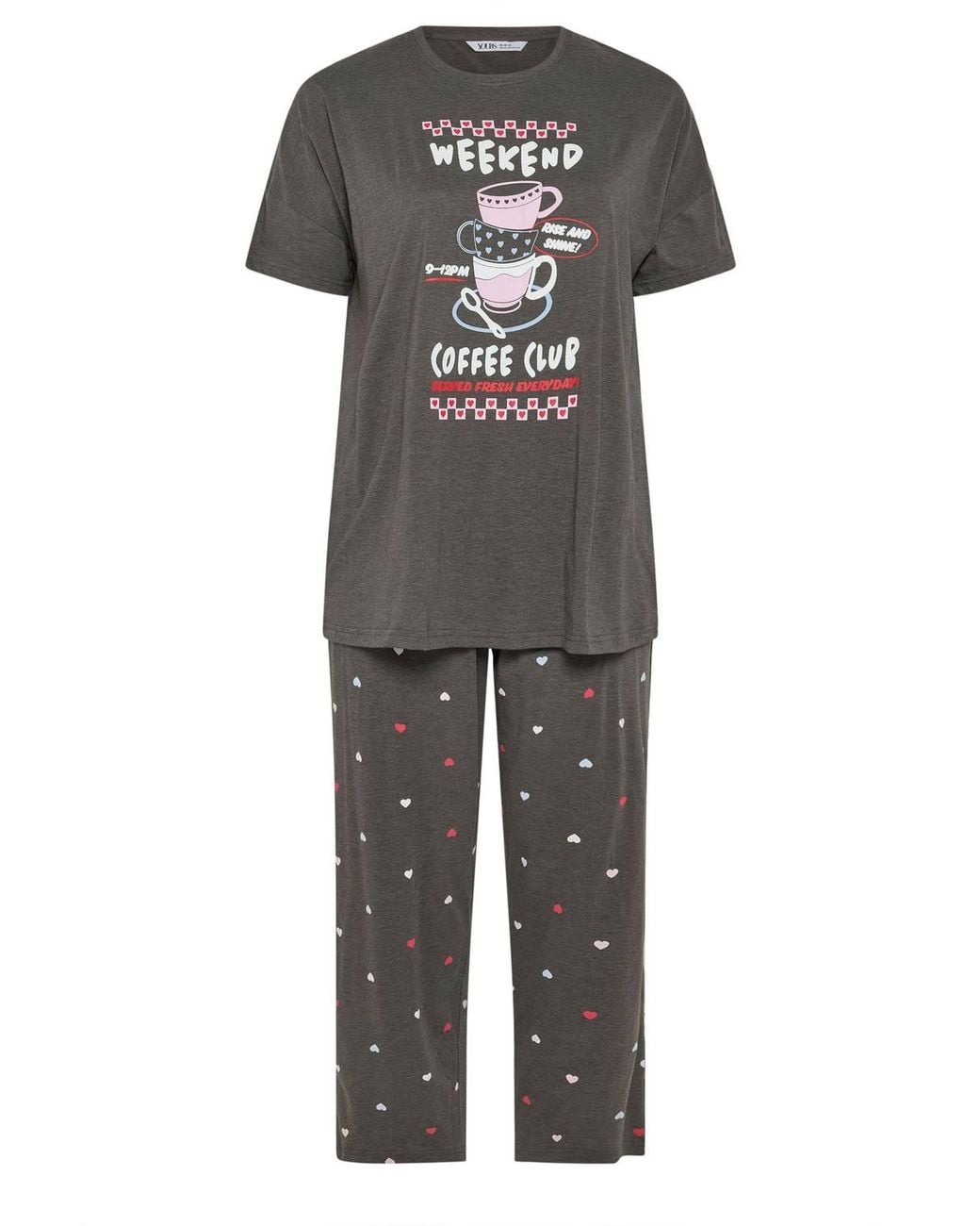 Yours Gray 'Coffee Club' Wide Leg Pyjama Set
