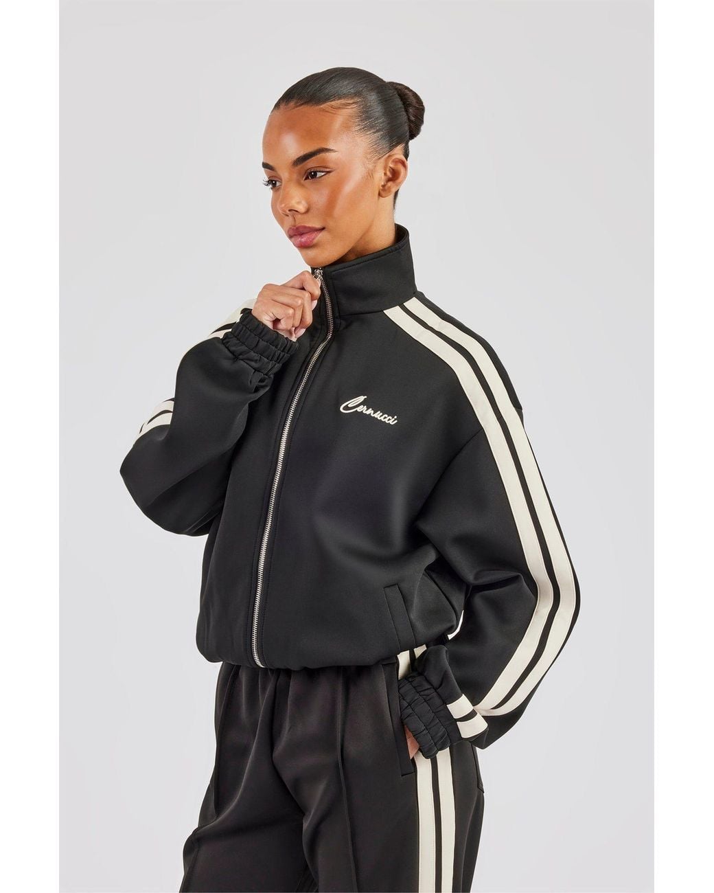 CERNUCCI Black Funnel Neck Taping Zip Through Track Jacket
