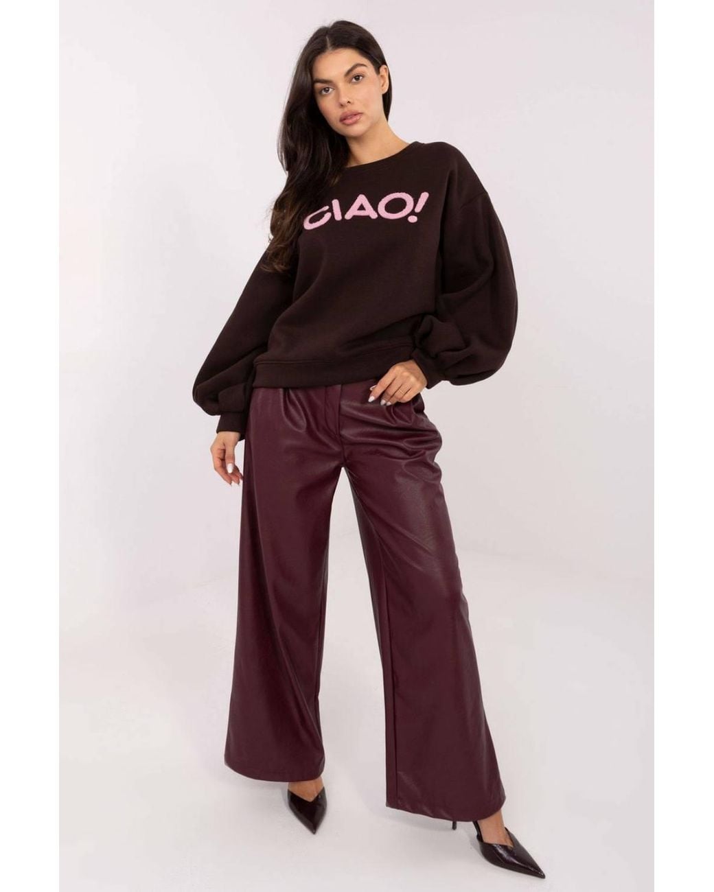 Love Lace Purple Cotton Round Neck Long Sleeve Sweatshirt With Puff Sleeves