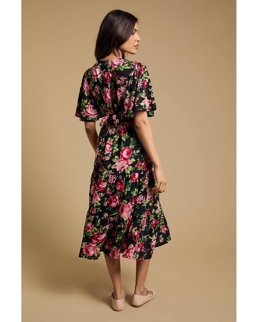 Dorothy Perkins Brown Petite Floral Lace Trim Button Detail Angel Sleeve Printed Midi Dress