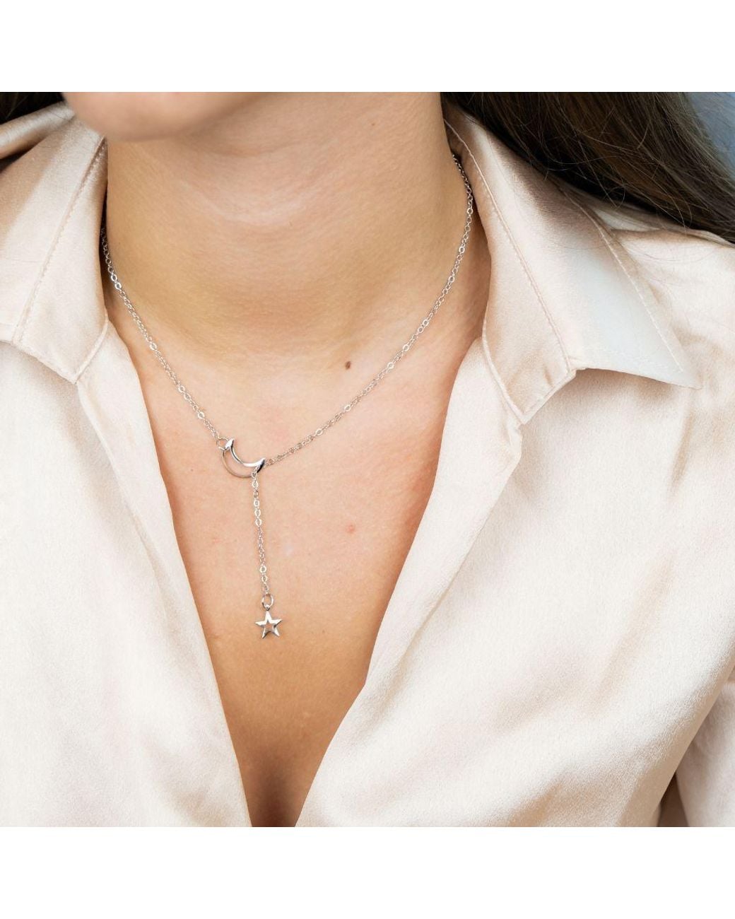 The Colourful Aura Natural Long Slim Moon Star Drop Y Shape Moon Interlock Lariat Necklace
