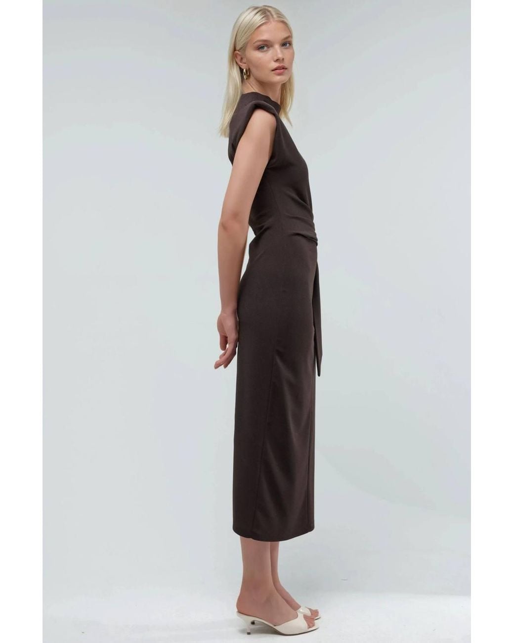 Busem Brown Sleeveless Fitted Midi Dress With Tie Detail