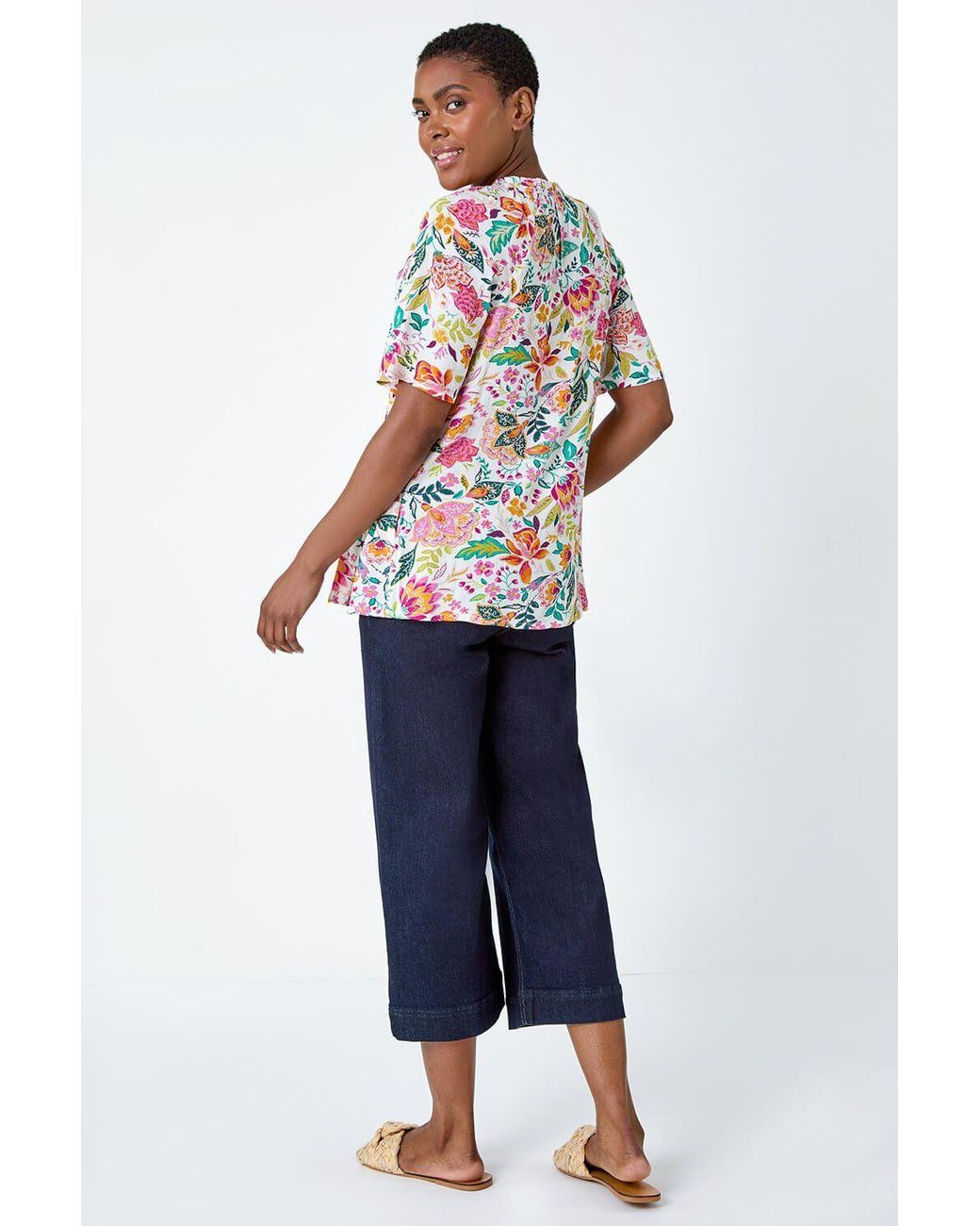 Roman Blue Floral Shirred Crinkle Top