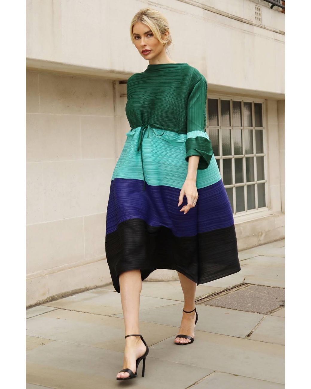 CY Multicolor Multi-Colour Pleated Midi Dress With Adjustable Waist