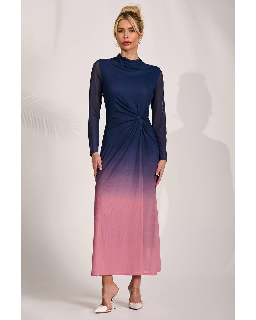 Jolie Moi Pink Petite Long Sleeve Mesh Maxi Dress
