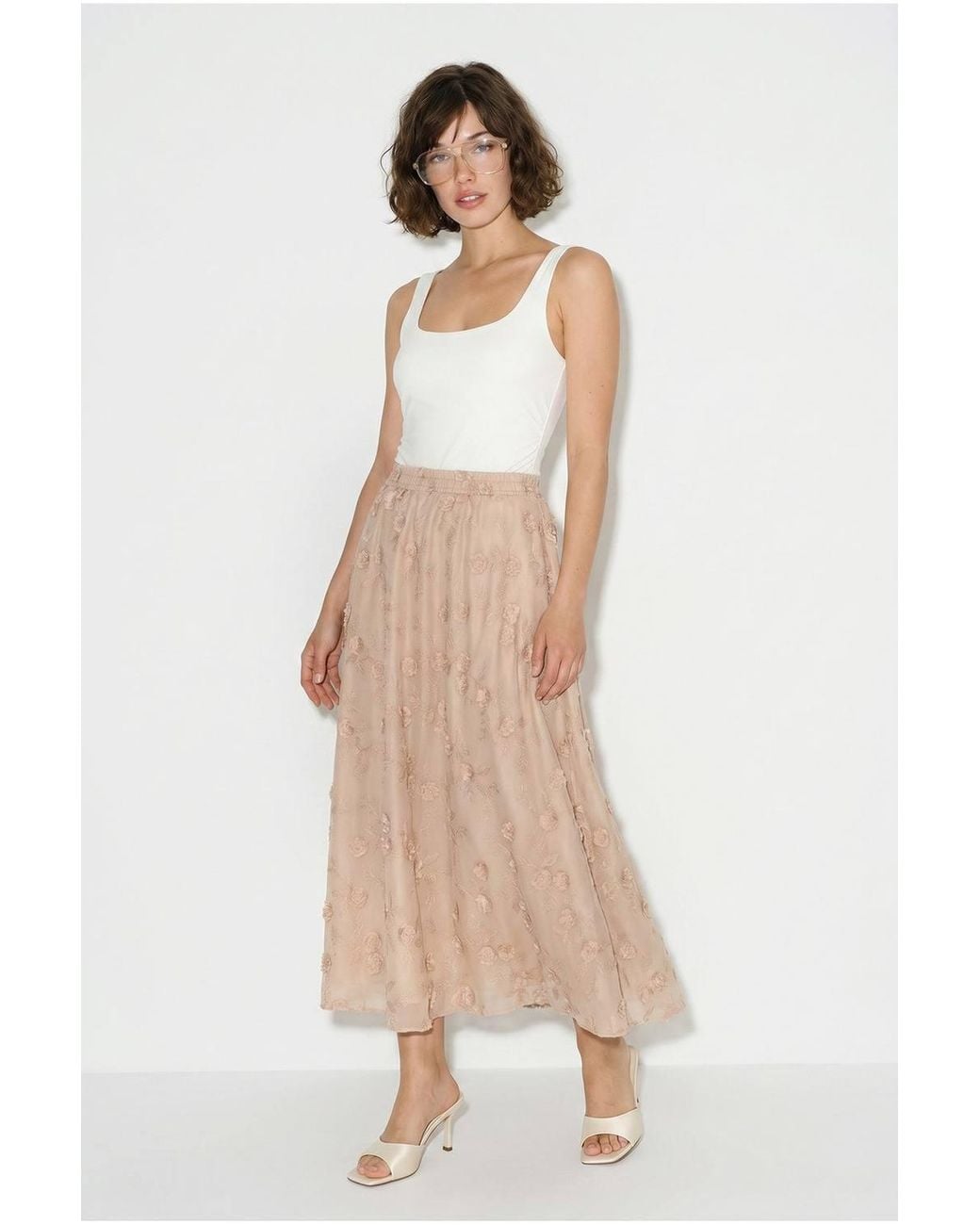 Bianco Lucci Natural Embroidered High-Waist Midi A-Line Skirt