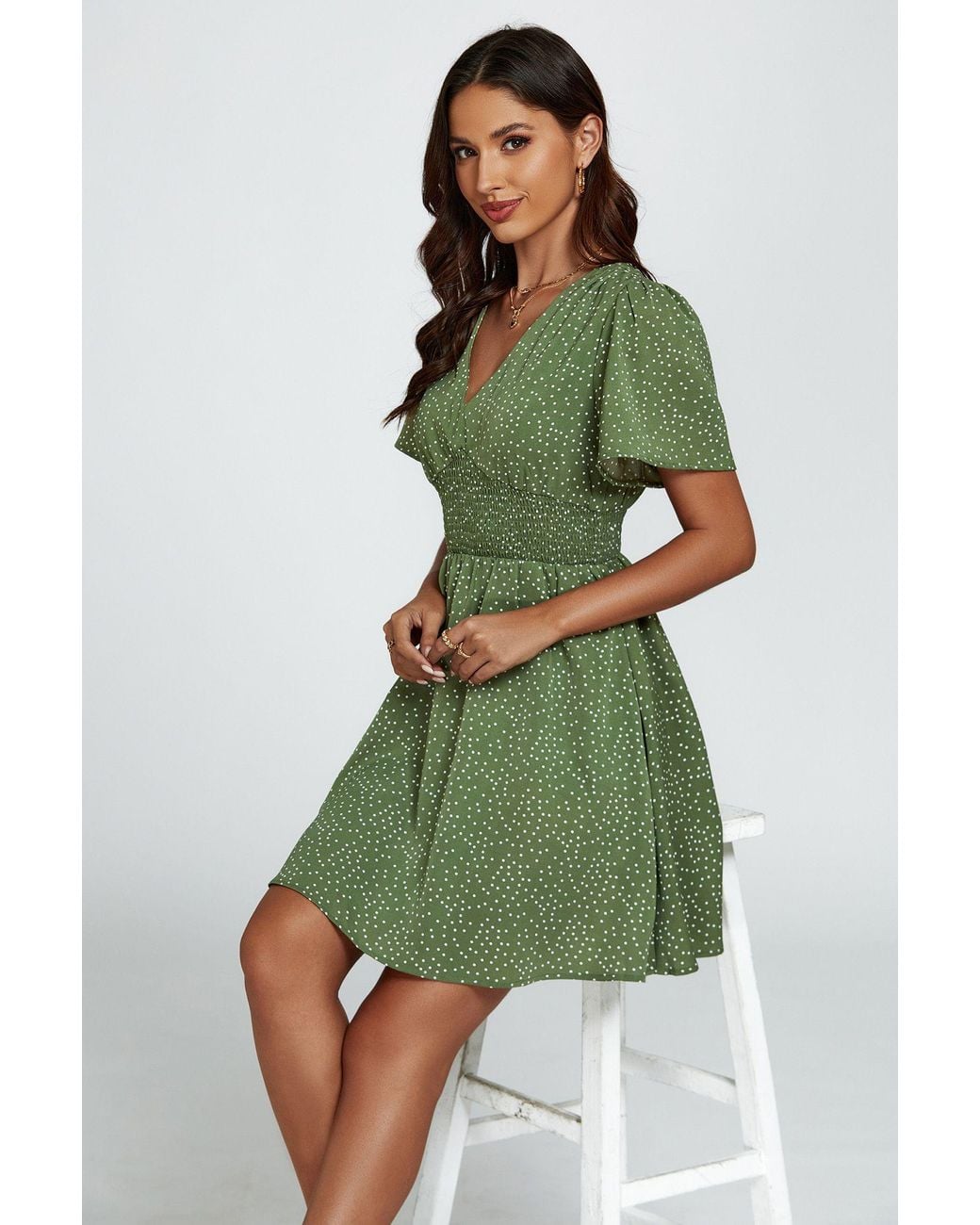 FS Collection Green Polka Dot V-Neck Mini Dress With Shirred Waist