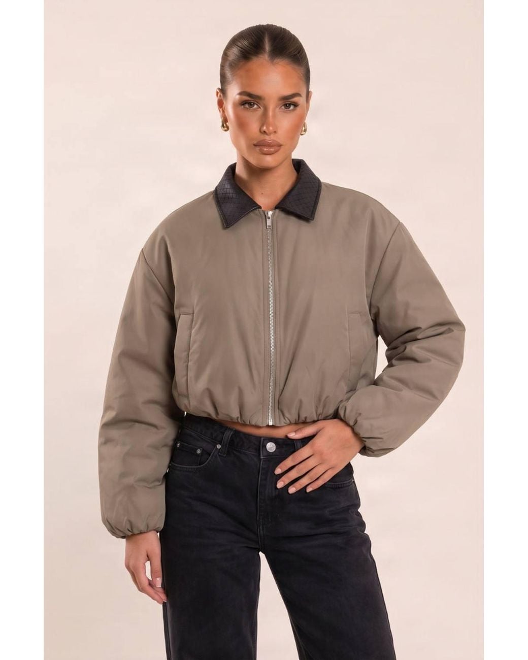 Rebellious Fashion Green Ashira Contrast Collar Cropped Puffer Jacket