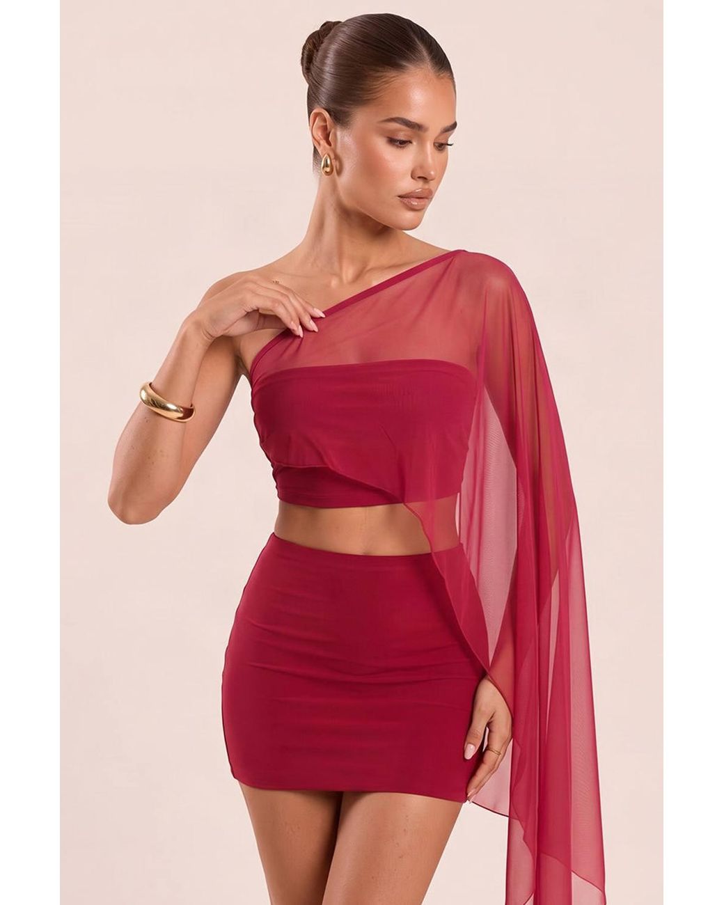 Rebellious Fashion Red Nelda Mesh One Shoulder Top & Mini Skirt Co-Ord Set