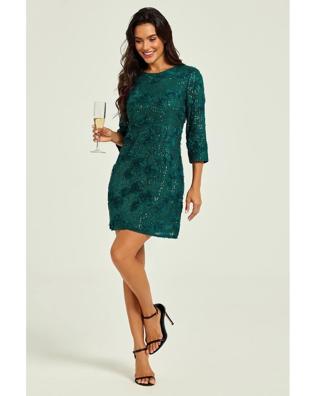 FS Collection Green Floral Sequin 3/4 Sleeve Mini Dress