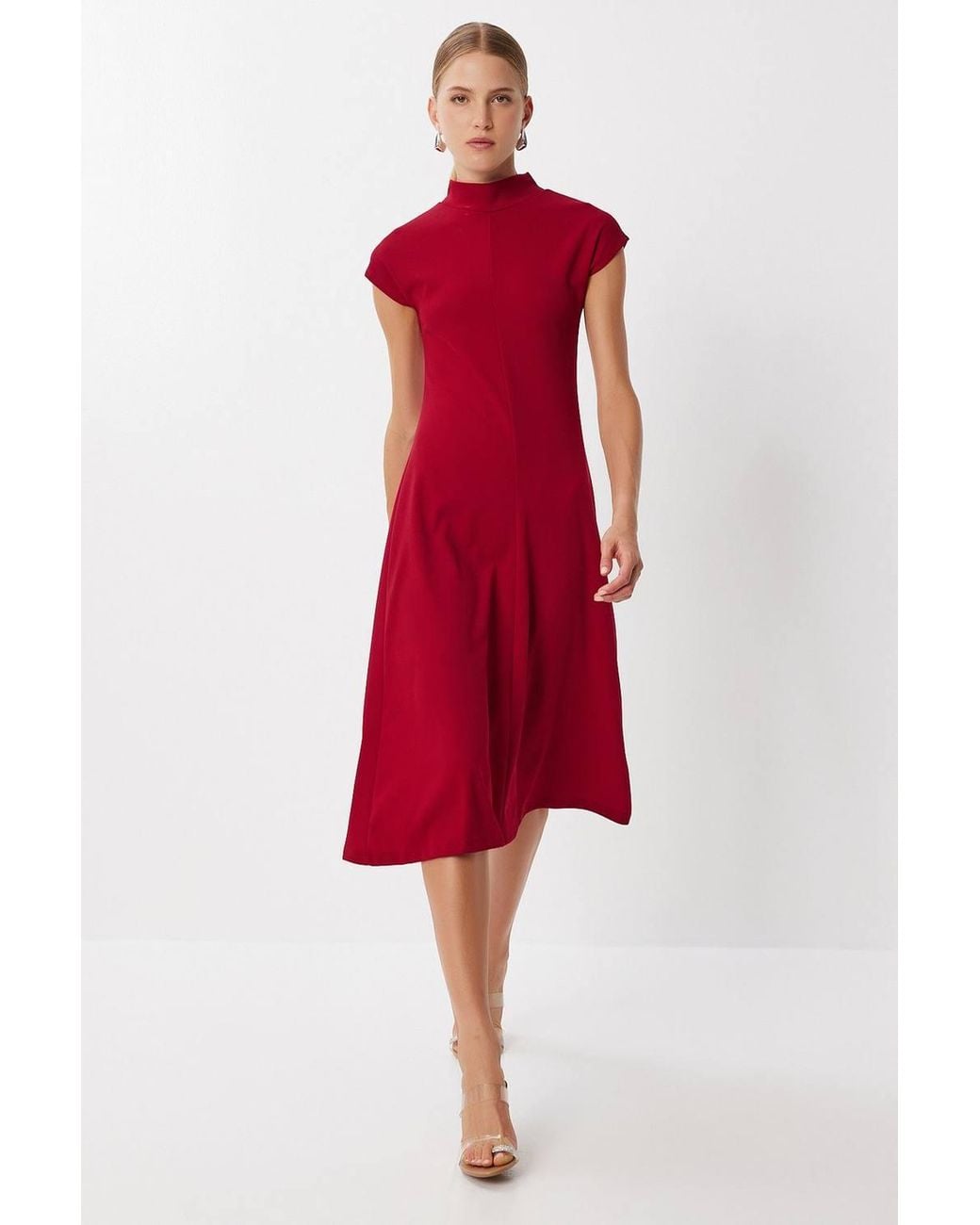 Happiness İstanbul Red A-Line Midi Dress With Half Turtleneck