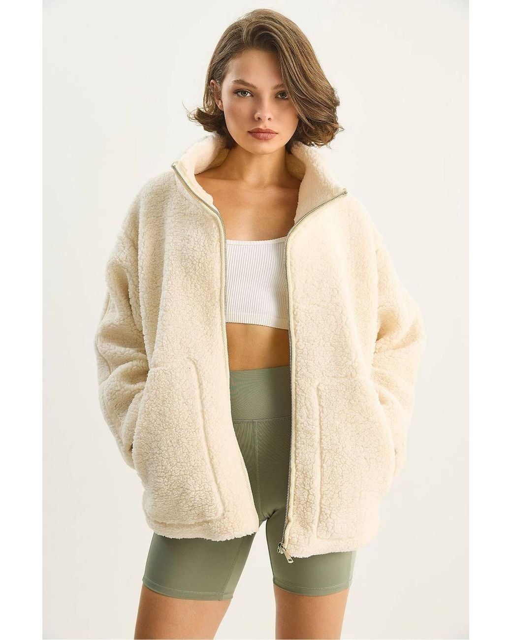 Bianco Lucci Natural Oversized Plush Jacket With Pockets