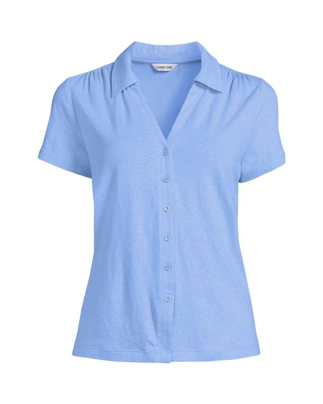 Lands' End Blue Linen Blend Button Front Polo