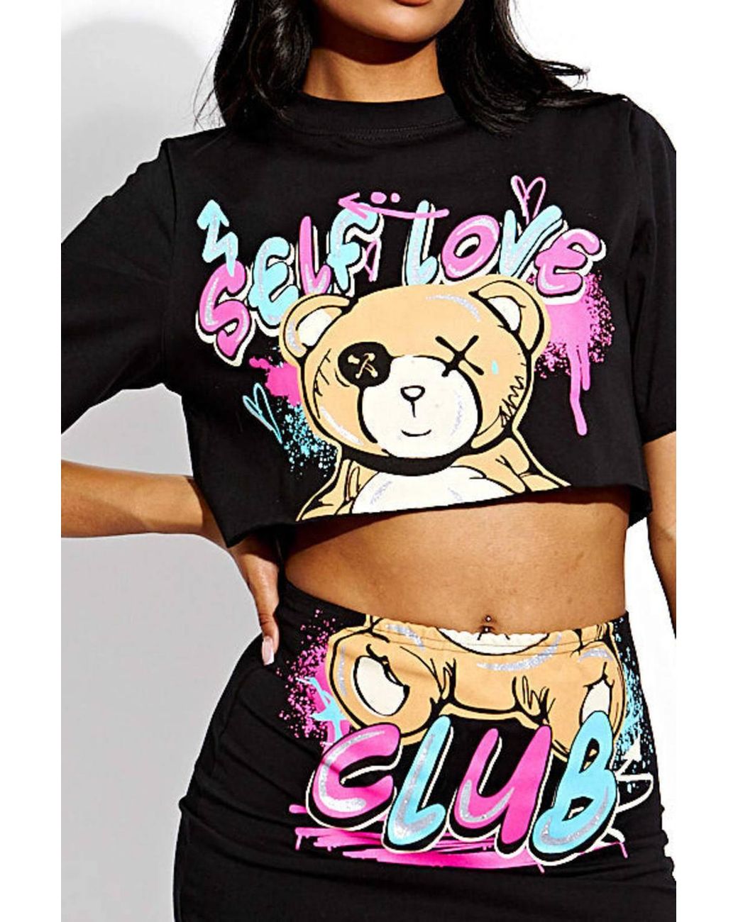 Stylewise Black Teddy Graphic Glitter Print