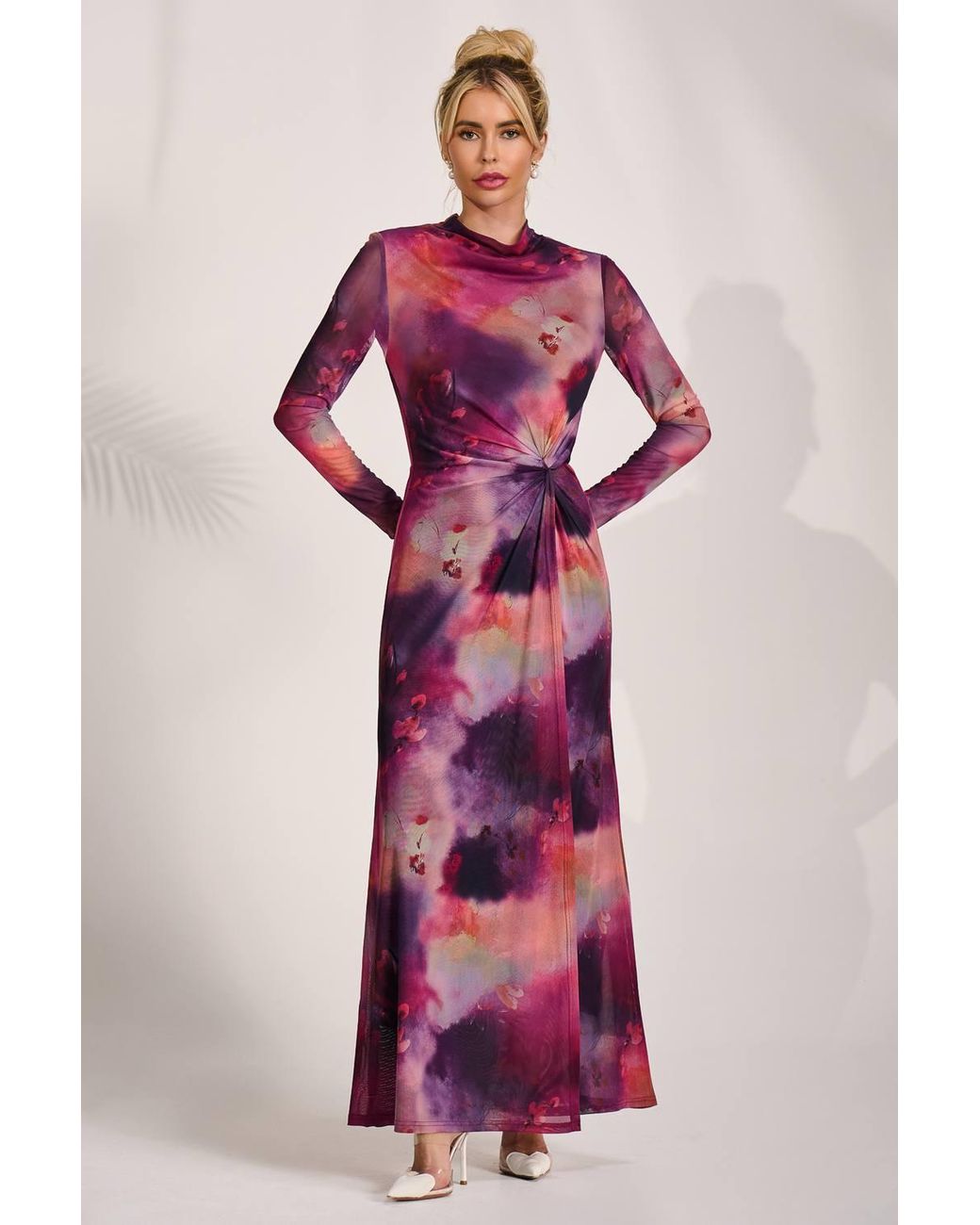 Jolie Moi Red High Neck Long Sleeve Mesh Maxi Dress