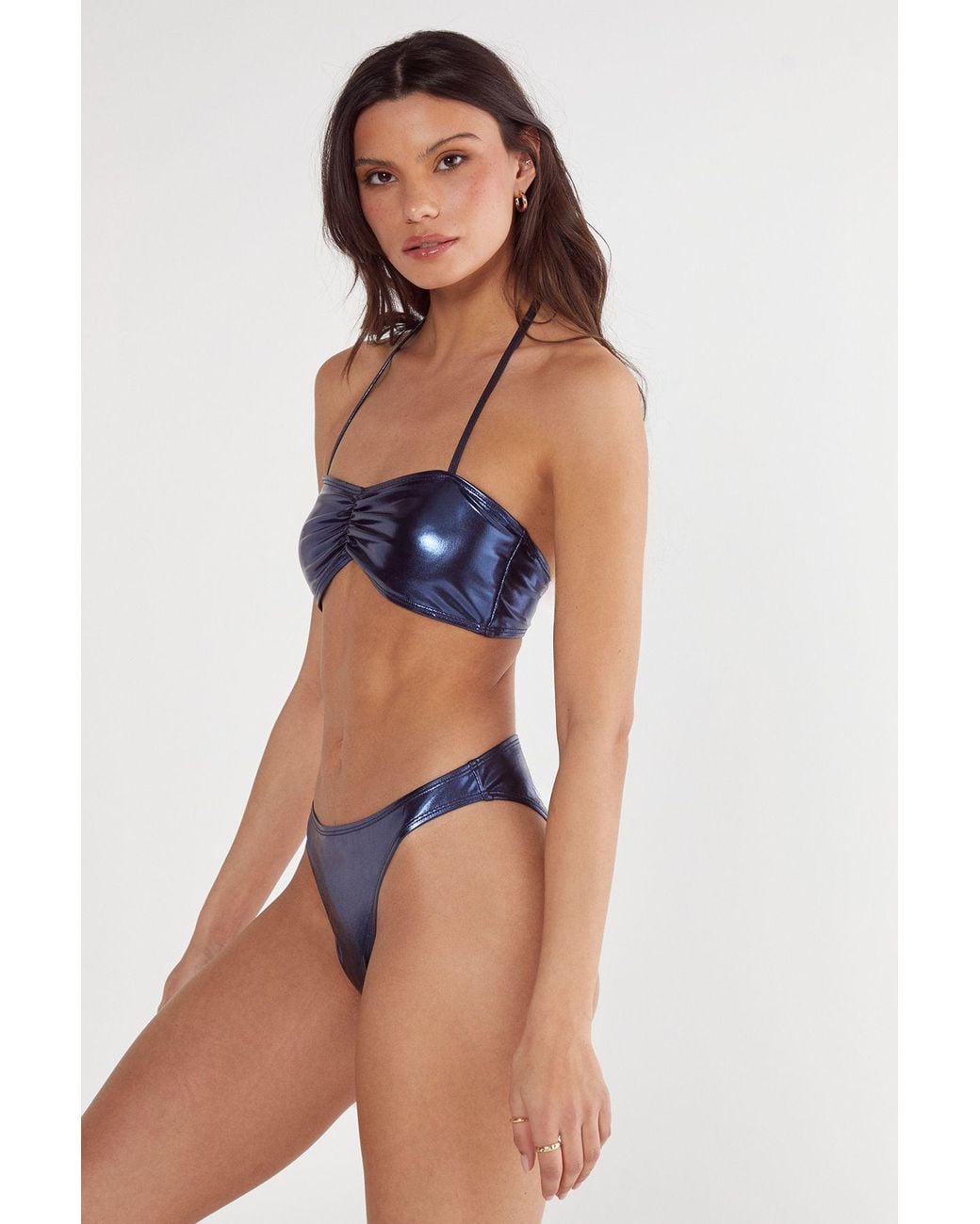 Nasty Gal Blue Metallic Ruched Halter Neck Bikini Set
