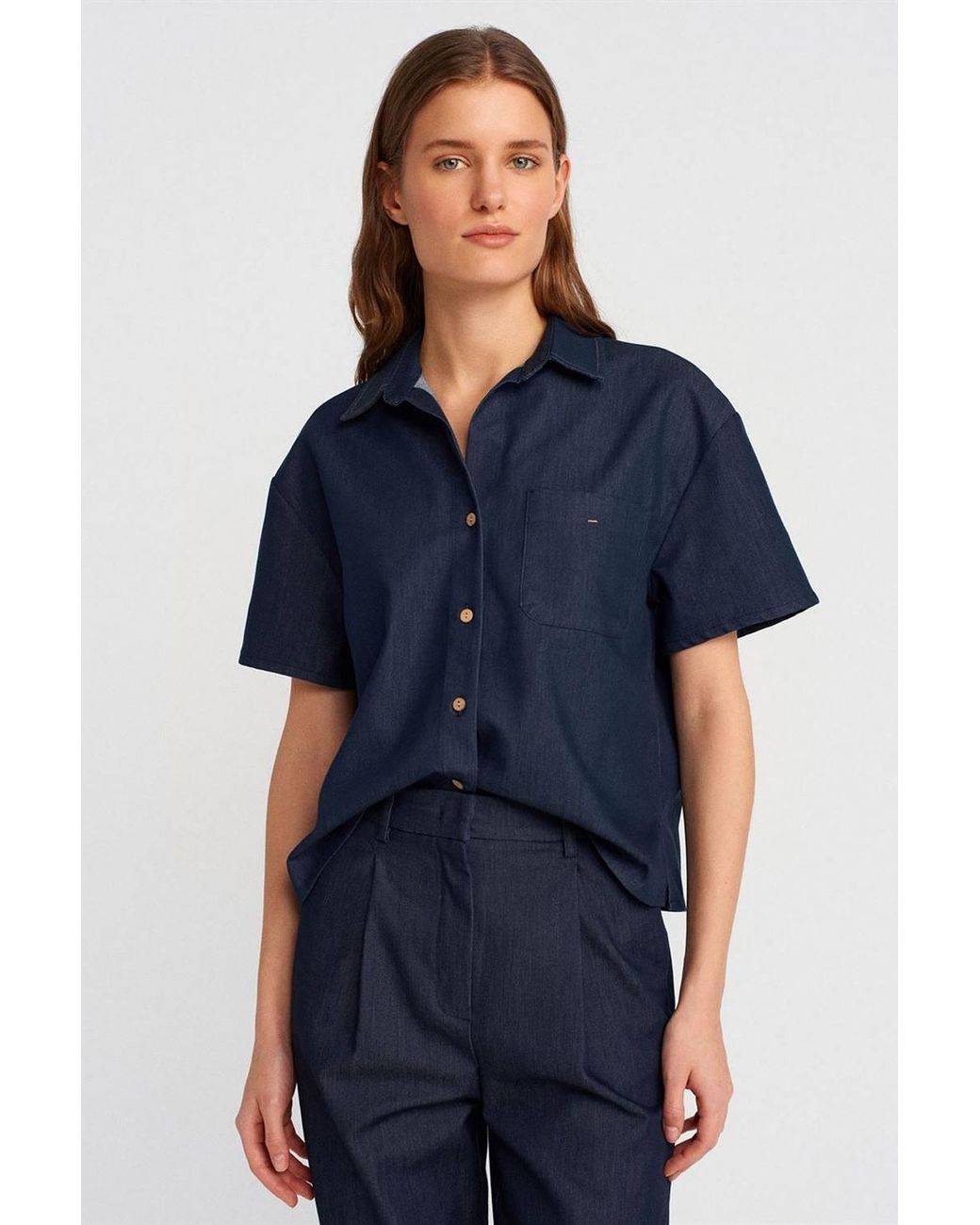 Dilvin Blue Linen Blend Short-Sleeve Button Shirt
