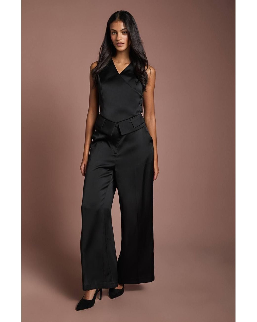 Coast Brown Petite Muse Satin Wide Leg Tailored Trouser