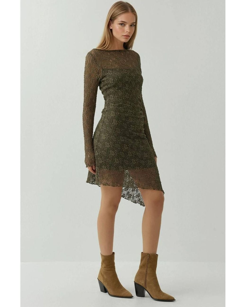 Hiccup Green Asymmetric Lace Mini Dress With Boat Neck