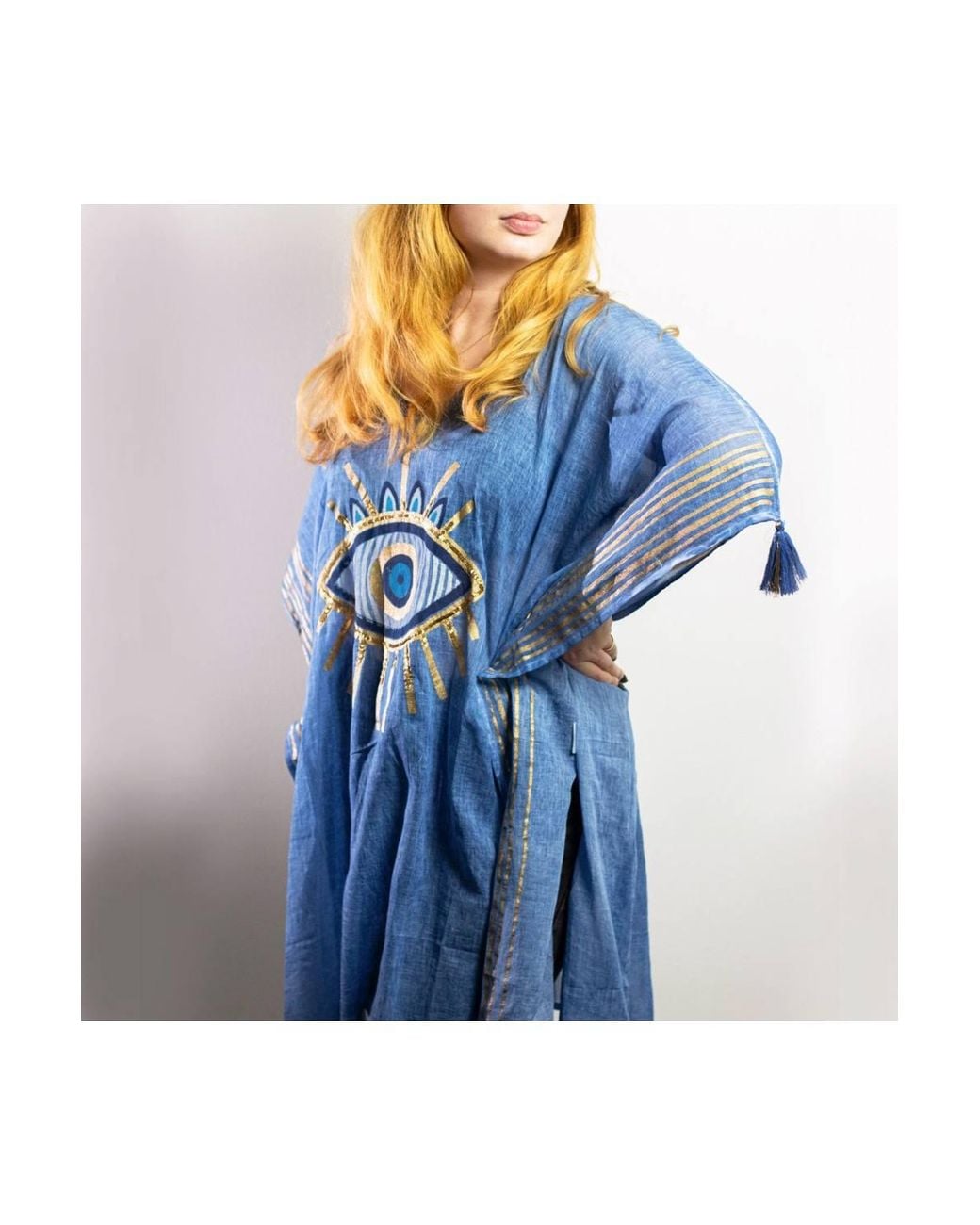 KDMD Blue Nomad Sari Kaftan Rich Evil Eye V Neck Tassel