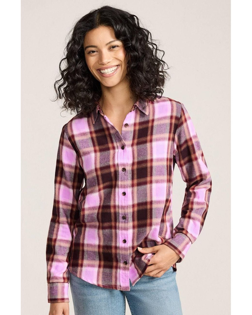 Lands' End Red Long Sleeve Flannel Boyfriend Shirt