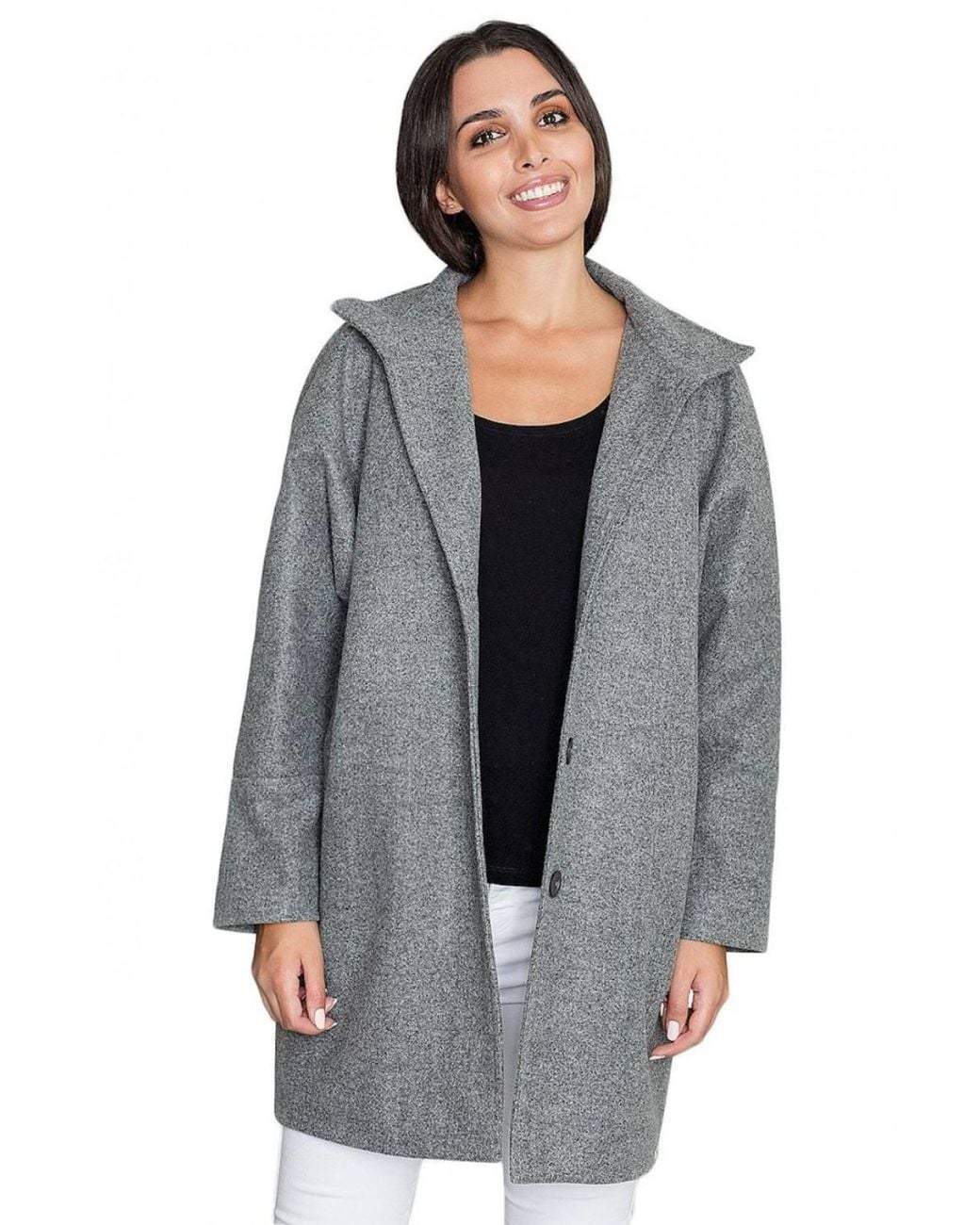 Love Lace Gray Viscose Relaxed Collared Coat With Pockets & Buttons