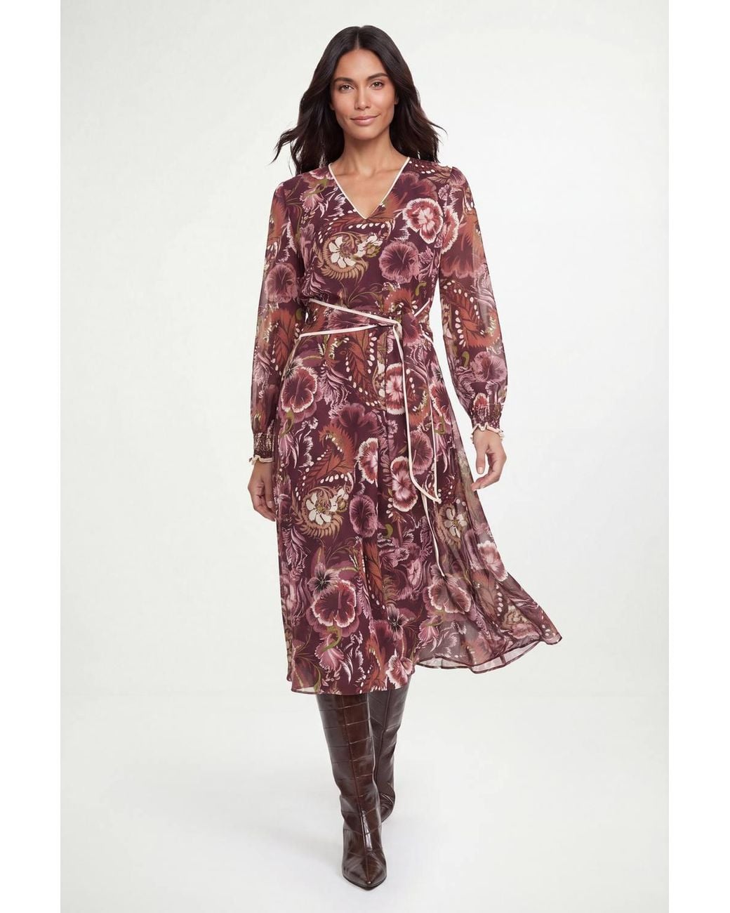 Wallis Red Paisley Chiffon Tie Waist Midi Dress