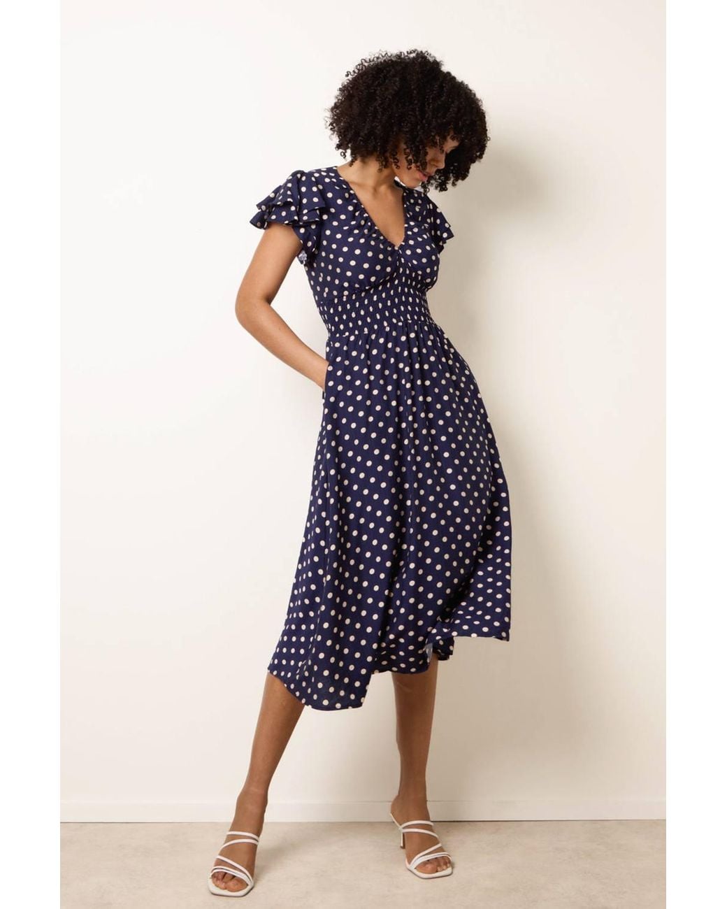 Blue Vanilla Blue Shirred Waist Short Sleeve V-Neck Midi Dress