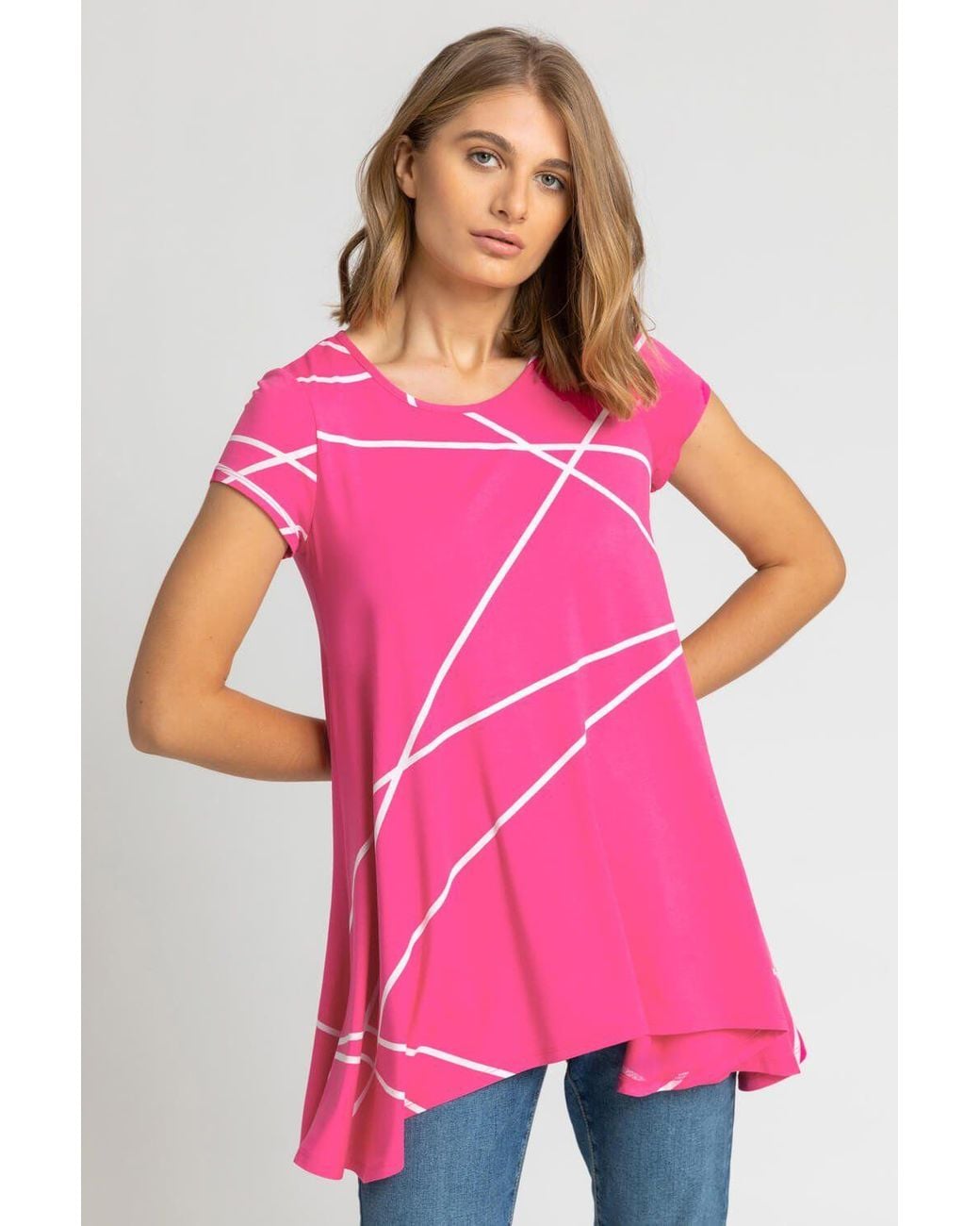 Roman Pink Linear Print Hanky Hem Top