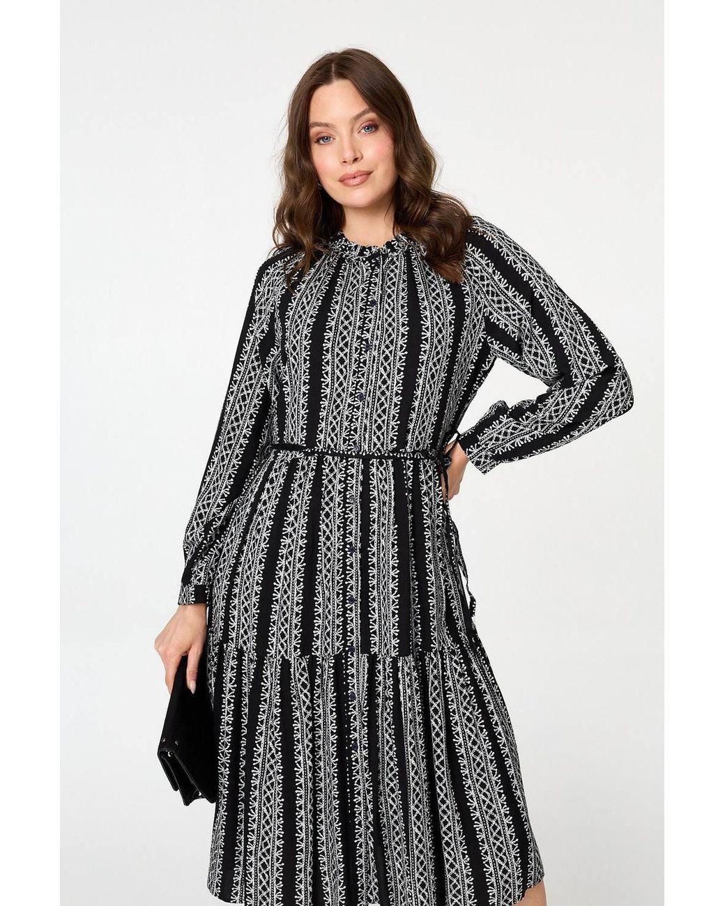 Izabel London Black Geo Print Tiered Long Sleeve Midi Dress