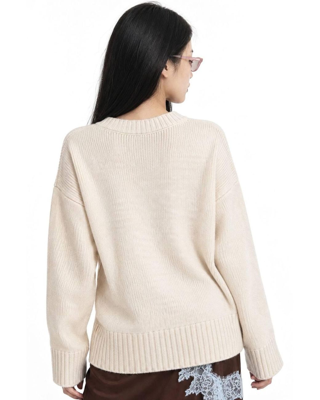 MixRay Natural Oversized Ribbed Knit Sweater With Crew Neck