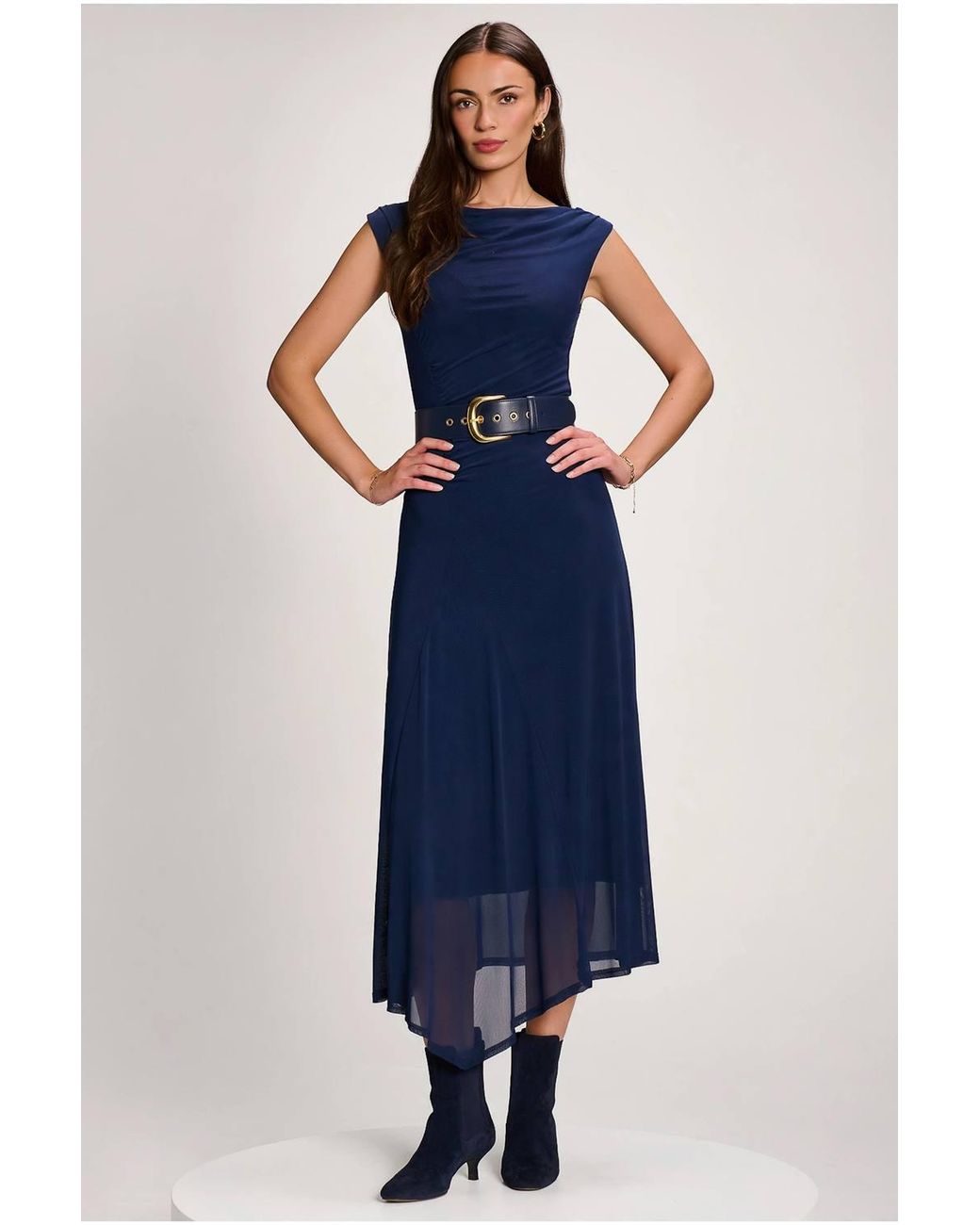 Jolie Moi Blue Asymmetric Draped Mesh Maxi Dress