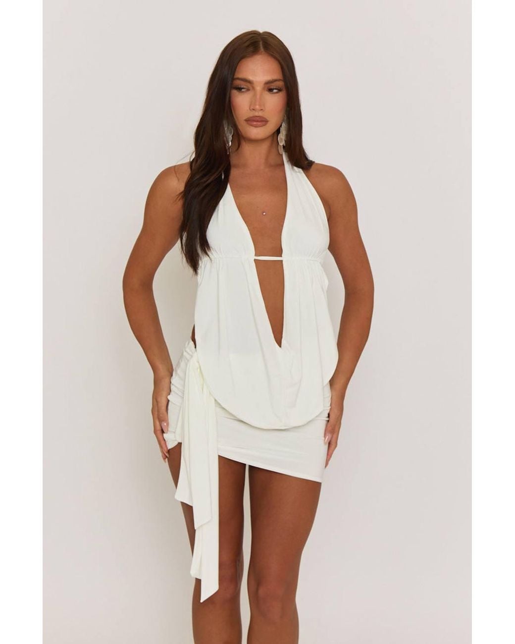 Rebellious Fashion White Lama Plunge Neck Cowl Detail Top & Mini Skirt Co-Ord Set