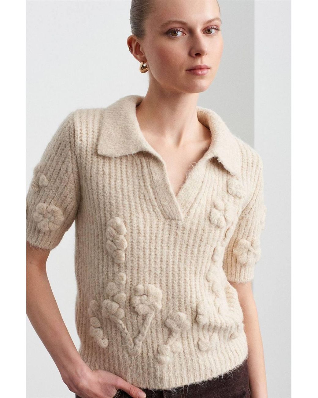 Dilvin Natural Textured Ribbed Polo-Collar Sweater