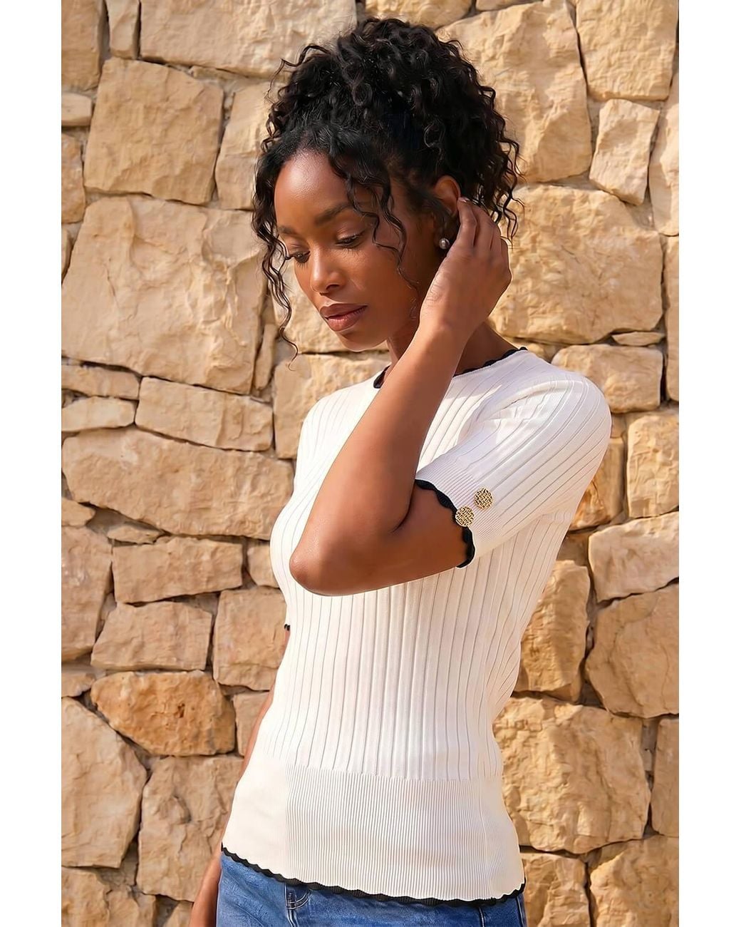 Roman Brown Button Detail Ribbed Knit Top