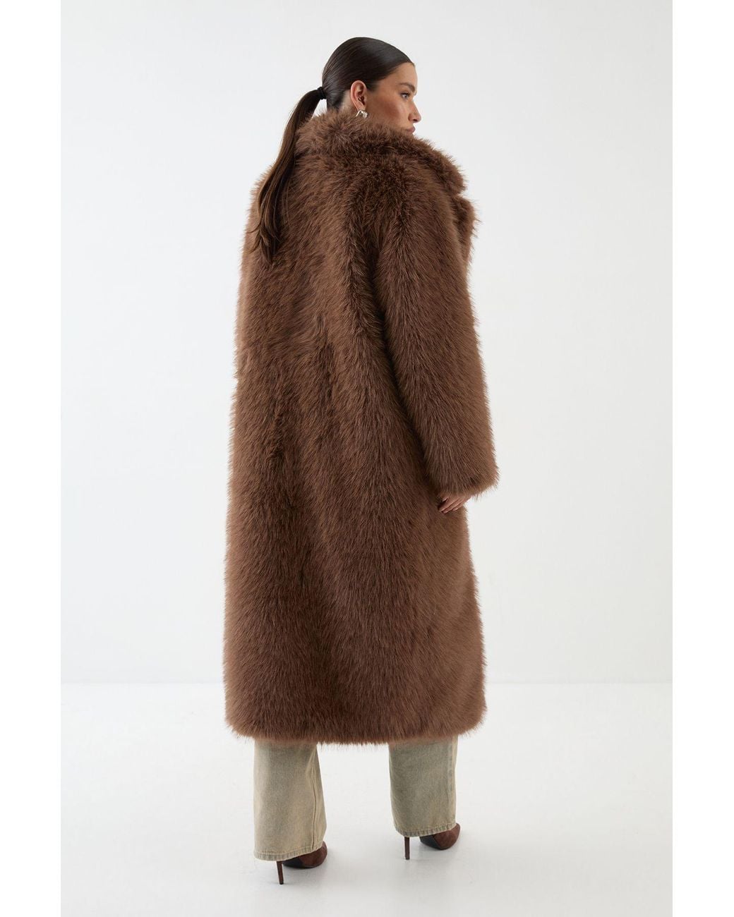 MissPap Brown Long Faux Fur Wide Collar Coat